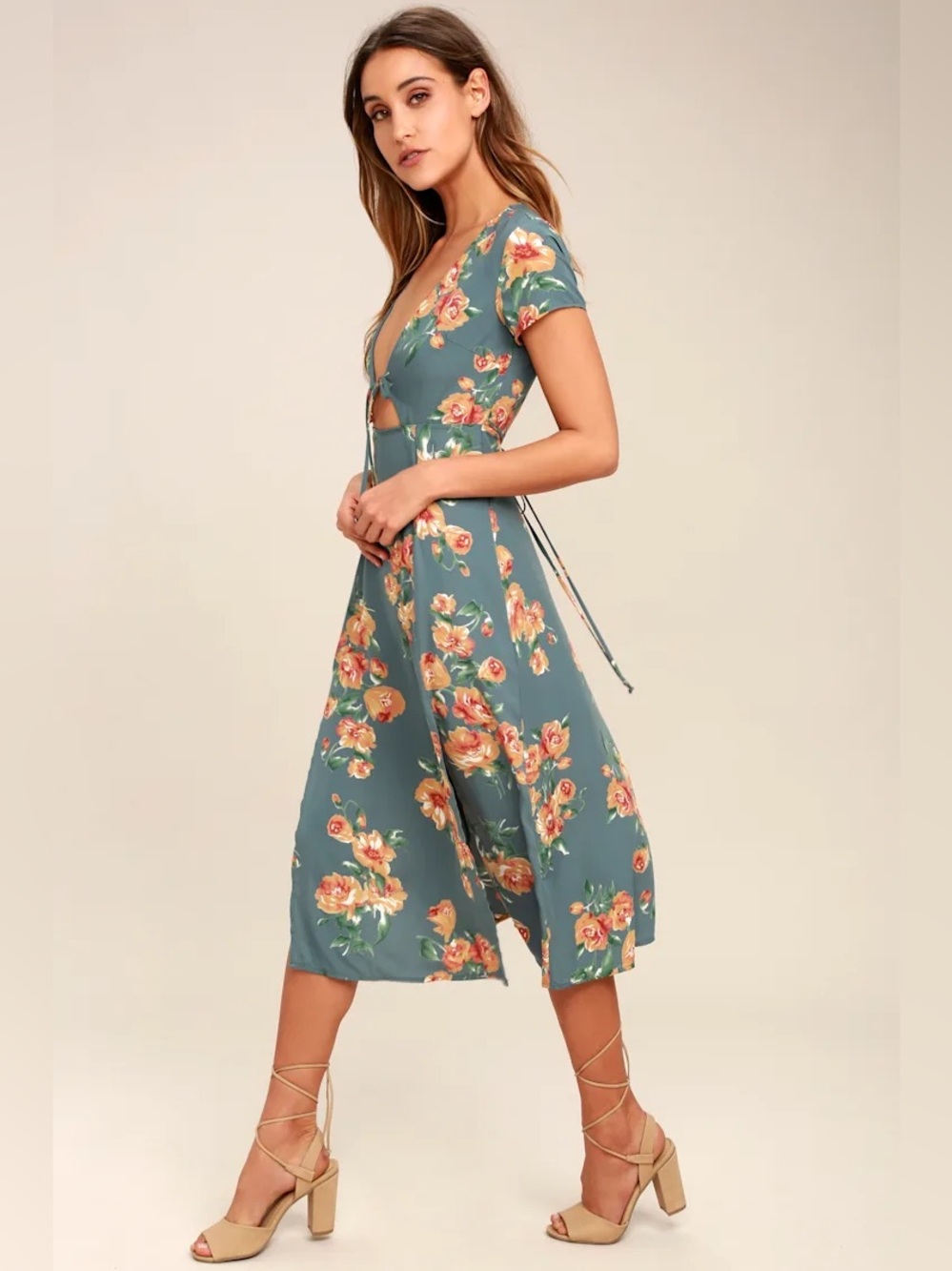Lulu best day of my life dusty gray blue orange floral cutout midi dress tie bow